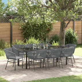 vidaXL Conjunto de Jantar de Jardim 9 Peças com Almofadas Cinza em Rattan Polipropileno.