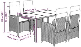 5 pcs conjunto de jantar p/ jardim c/ almofadões vime PE preto