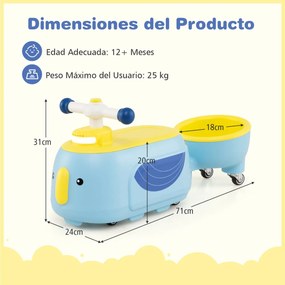 Carro andarilho de empurrar para crianças com reboque com luz, música, espaço de armazenamento e rodas macia 71 x 24 x 31 cm Azul