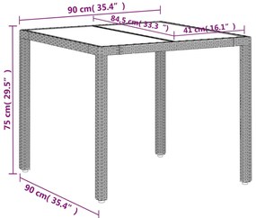 Mesa de jardim c/ tampo de vidro 90x90x75cm vime PE cinza-claro