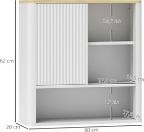 Armário de Parede para Casa de Banho com Porta Deslizante 5 Compartimentos e Prateleiras Ajustáveis 60x20x62 cm Branco