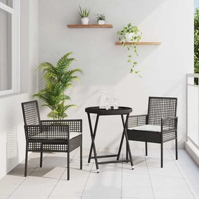 vidaXL Conjunto de bistrô de jardim de 3 peças com almofadas de polyrattan preto