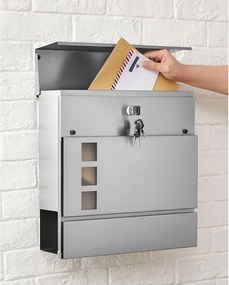 Caixa de correio de parede 37 x 10,5 x 37 cm com compartimento para jornais, prateada
