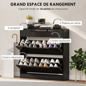 Sapateira 2 gavetas basculantes, 1 gaveta deslizante, 1 balcão, 89 x 23 x 96 cm, preto
