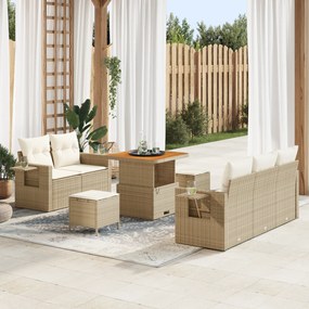 Conjunto de Sofá de Jardim de 8 Peças com Almofadas Bege Rattan Poliéster Acácia