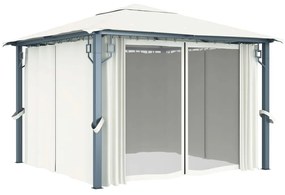 Gazebo com cortinas e cordões de luzes LED 3x3m alumínio creme