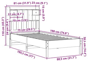 Cama com estante sem colchão 75x190 cm pinho maciço