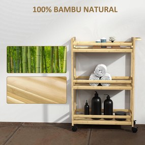 Carrinho para Casa de Banho de Bambu com 3 Níveis Carrinho de Arrumação para Casa de Banho Cozinha 55x20x75 cm Madeira