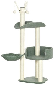 PawHut Arranhador para Gatos com Rede Cama Postes de Sisal e Bola de Brincar 44x43x123cm Verde e Creme