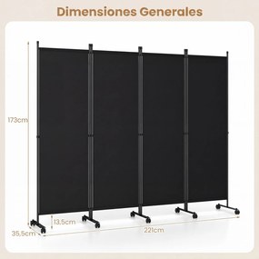 Biombo  Separador de Espaço Dobrável, 221 x 35,5 x 173 cm, 4 Painéis com Rodas Bloqueáveis, Preto