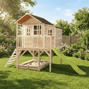 Casa de brincar infantil exterior para crianças Loft 550 em madeira com escorrega e caixa areia - Natural