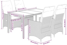 5 pcs conjunto de jantar p/ jardim c/ almofadões vime PE preto