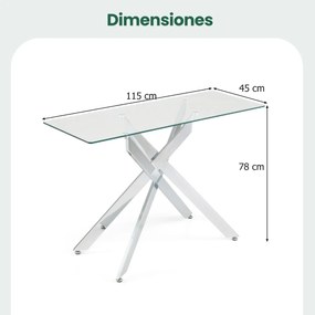Mesa Consolal 115 x 45 x 78 cm com Tampo Temperado e Pernas de Metal para Sala ou Hall Entrada Prateada