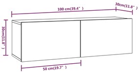 Armários parede 2pcs 100x30x30 cm derivados cinza sonoma