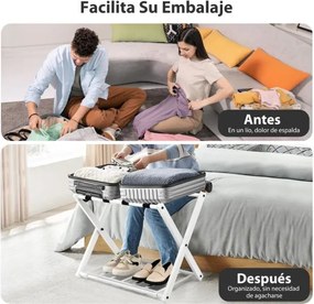 Conjunto 2 estantes de metal para bagagens até 60 kg com 4 correias estáveis e 2 pisos para casa e hotel 68 x 43 x 58 cm Branca