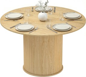 Mesa de jantar redonda para 5 pessoas, Ø 120 x 75 cm (CADEIRAS NÃO INCLUIDAS), mesa de cozinha com base cilíndrica canelada, madeira natural