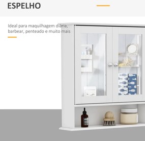 Armário de casa banho com parede de espelho com 2 portas 3 níveis de armazenamento de parede 56x13x58cm Branco