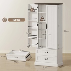 Armário alto de cozinha76 x 39,5 x 183 cm iluminação LED com sensor, 2 portas, gavetas e prateleiras ajustáveis, branco