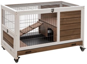 PawHut Coelheira de Madeira Gaiola de para Pequenos Animais Portátil com Teto Abatível Rampa Bandeja Removível 90x53x59cm Marrom | Aosom Portugal
