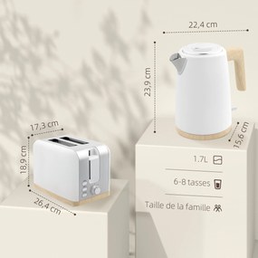Conjunto de chaleira e torradeira, 1,7 L, 2200 W, torradeira para 2 fatias com 7 níveis de torragem, branco