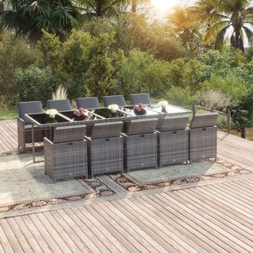 vidaXL 11 pcs conjunto jantar p/ jardim c/ almofadões vime PE cinzento