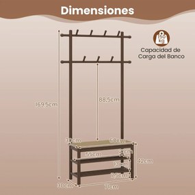 Cabide Guarda Roupa de bambu em rattan PE 71 x 30 x 169,5 cm para entrada com sapateira para entrada 3 em 1 com 2 barras Castanho