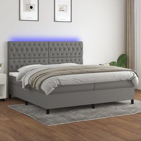 Cama box spring c/ colchão e LED 200x200 cm tecido cinza-escuro