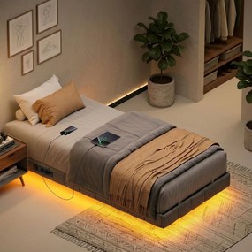 Estrutura de cama 90 x 200 cm (COLCHÃO NÃO INCLUIDO), com iluminação LED, base de cama cinzenta