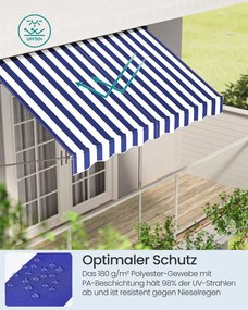 Toldo varanda 250 x 120 cm com manivela para proteção solar flexível, azul e branco