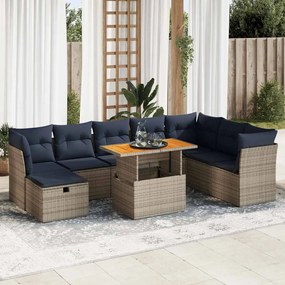 9 pcs conj. sofás jardim c/ almofadões vime PE/acácia castanho