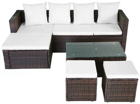 4 pcs conjunto lounge jardim c/ almofadões vime PE castanho