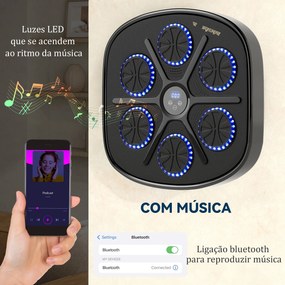 Máquina de Boxe Musical com 9 Modos de Velocidade Luvas e Conexão Bluetooth Luzes LED 41,8x44,6x7,5 cm Preto