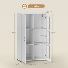 Aparador com LED RGB de 16 cores e comando à distância, acabamento de alto brilho, portas envidraçadas, prateleiras de vidro, 71 x 35 x 126 cm, branco