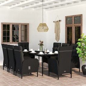 9 pcs conjunto de jantar para jardim com almofadões preto
