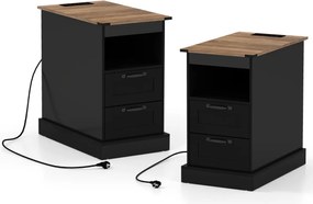 Conjunto de 2 mesas de cabeceira, mesas apoio rústicas com estação de carregamento e 2 gavetas Pretas e castanhas