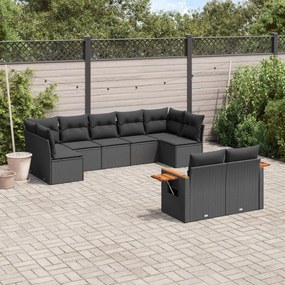9 pcs conjunto de sofás p/ jardim c/ almofadões vime PE preto