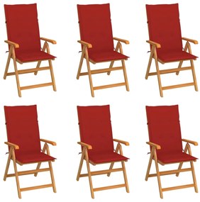 vidaXL Cadeiras de jardim c/ almofadões vermelhos 6 pcs teca maciça