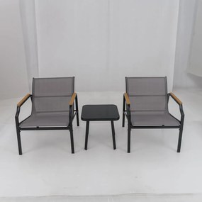 Conjunto de cadeiras de exterior de 3 peças com estrutura de metal e mesa com assento de tecido e braços de madeira-plástico cinzento