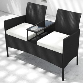 Banco de jardim com mesa integrada de rattan para 2 pessoas com almofadas macias e mesa de vidro temperado para jardim ou terraço preto e branco