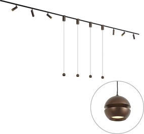Sistema de calhas de iluminação moderno com 6 focos e 4 candeeiros suspensos Easylift bronze escuro monofásico - Slimline Uzzy Tira