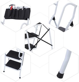 HOMCOM Escada Dobrável com 4 Degraus Escada de Metal com Apoio para os Braços e Suporte para Ferramentas Carga Máxima 150 kg 50x83x155 cm Branco e Preto