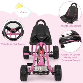 Kart a pedais para crianças com 4 rodas antiderrapantes Assento envolvente e travão de mão 92 x 50 x 53 cm Rosa