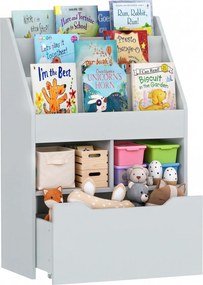 HOMCOM Estante de Madeira para Brinquedos com 3 Compartimentos 2 Prateleiras e Gaveta Móvel com 4 Rodas 60x29,9x90cm Cinza | Aosom Portugal