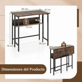 Secretária Dobrável, 80 x 47 x 76 cm, Estante Inferior, Castanho