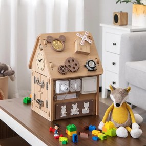 Casa de atividades de madeira com jogos sensoriais e espaço de armazenamento interno 31 x 30 x 42 cm natural