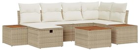 Conjunto de Sofá de Jardim de 7 Peças com Almofadas Bege Rattan Poly