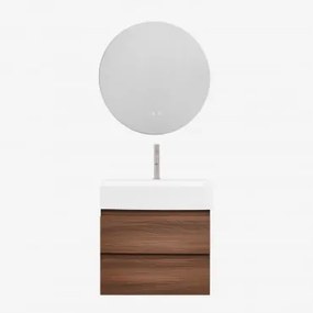 Conjunto De Móvel De Casa De Banho Em Madeira E Chapa De Freixo Com Lavatório Integrado Ona Madeira Escura & Redondo Led E - Sklum