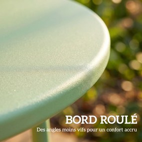 Mesa de centro de jardim com borda enrolada Ø48x51 cm,, base em X com pés ajustáveis em altura, para sala de estar na esplanada, verde