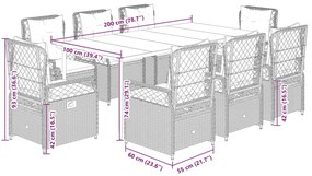 9 pcs conjunto jantar p/ jardim c/ almofadões vime PE castanho