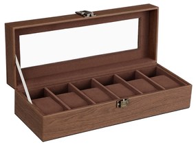 Caixa de relógio SONGMICS com 6 compartimentos, estojo com tampa de vidro, almofadas de veludo para relógio, suporte para relógio com fecho, 11,2 x 30 x 8 cm, ideia de presente, couro sintético marrom, forro marrom JWB006K01
